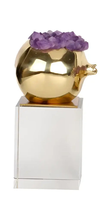 Luxury brass living room ornament featuring a crystal pomegranate with purple crystal amethyst accents on acrylic base