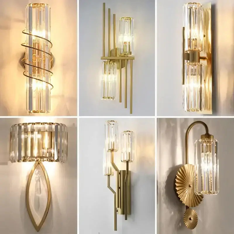 Luxury brass crystal wall lamp with gold-toned sconces and clear faceted crystal accents for bedroom decorbites crystal wall