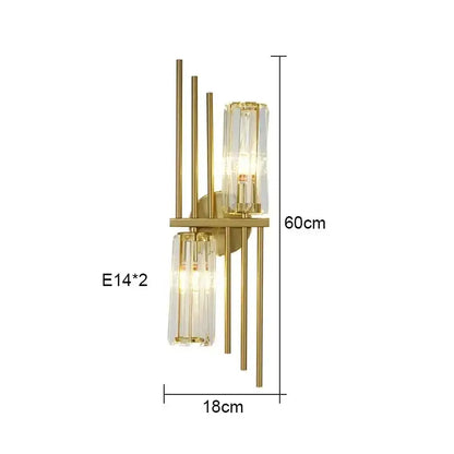 Luxury brass crystal wall lamp with gold-toned wall sconce, slender rods, and ribbed crystal glass shades for bedroom decorbites crystal wall