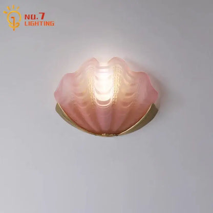 Pink frosted glass shell wall lamp with decorbites brass glass base for bedroom or living room luxury brass glass shell