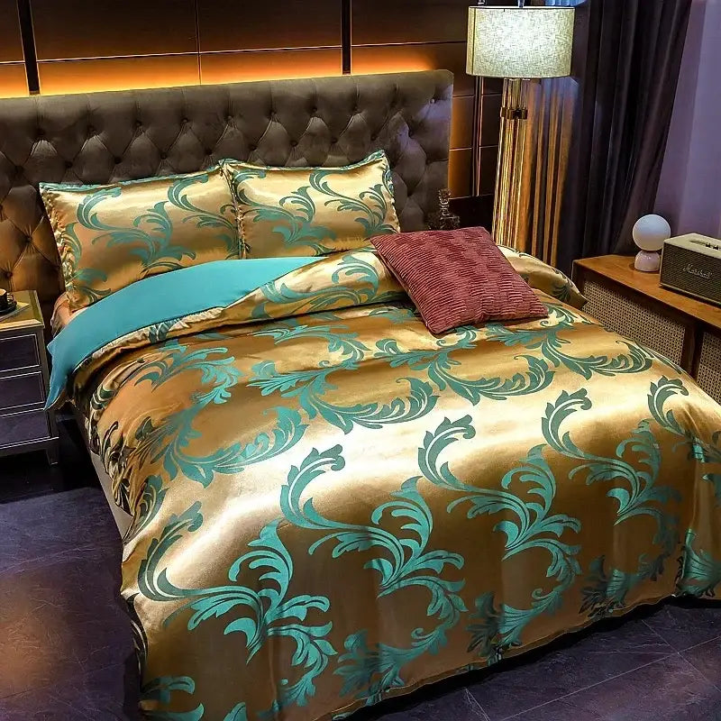 Luxury brown and gold damask duvet cover bedding set with golden satin and teal baroque decorbites jacquard luxury design