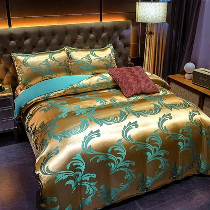 Luxury brown and gold damask duvet cover bedding set with golden satin and teal baroque decorbites jacquard luxury design
