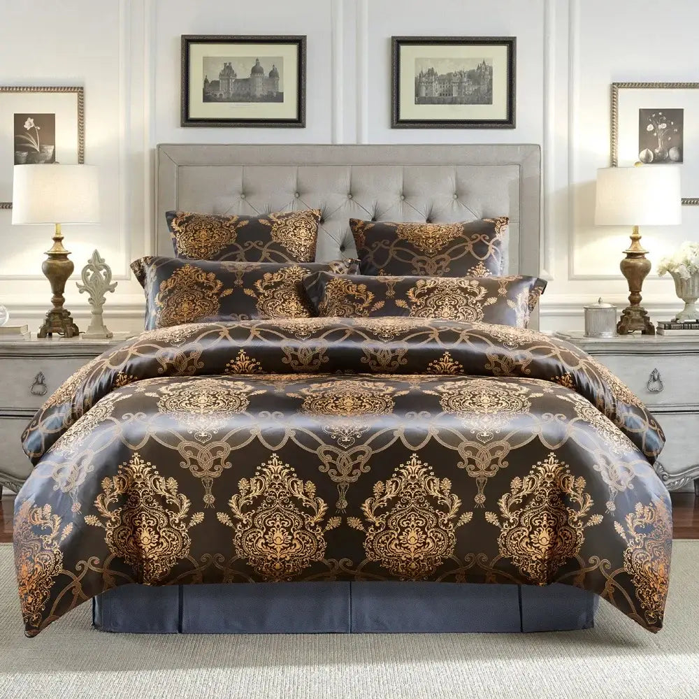 Luxurious brown and gold damask jacquard duvet cover bedding set with satin finish and plush tufted gray headboard decorbites luxury