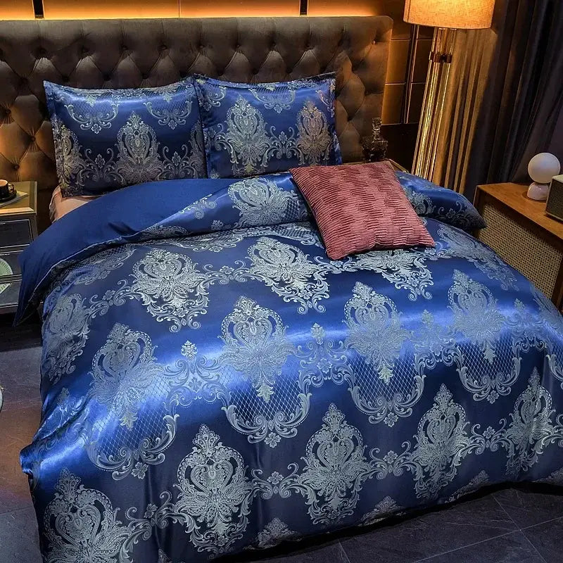 Luxury brown and gold damask duvet cover bedding set with royal blue satin and silver decorbites jacquard luxury accents