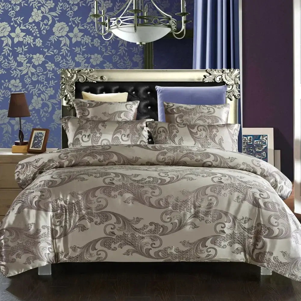 Elegant cream satin bedding set with silver-gray baroque embroidery on tufted black headboard decorbites jacquard luxury