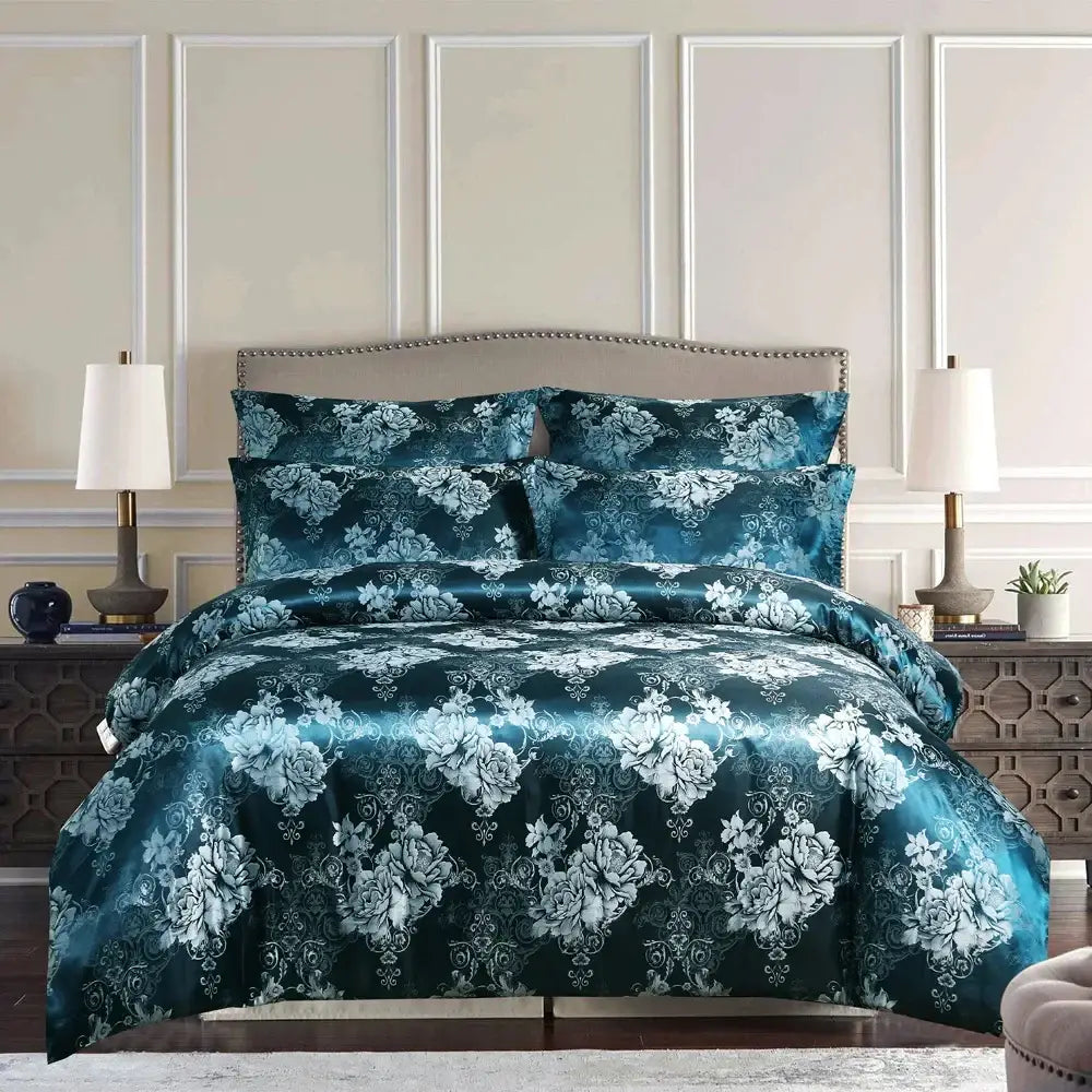 Teal satin comforter set with intricate white floral embroidery for luxury brown and gold damask duvet cover bedding set decorbites jacquard luxury
