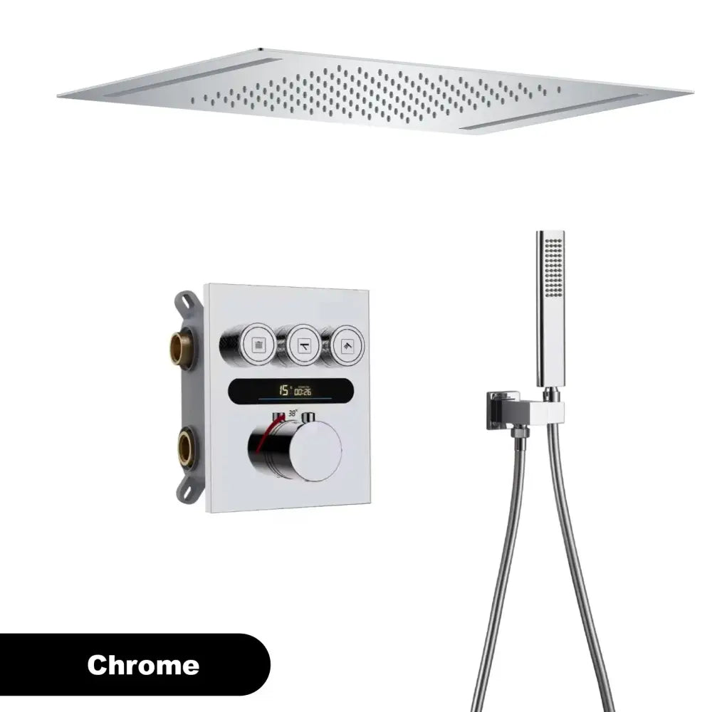 Chrome-finished square rain shower head with sleek modern design and perforated surface in luxury brushed gold digital rainfall shower system