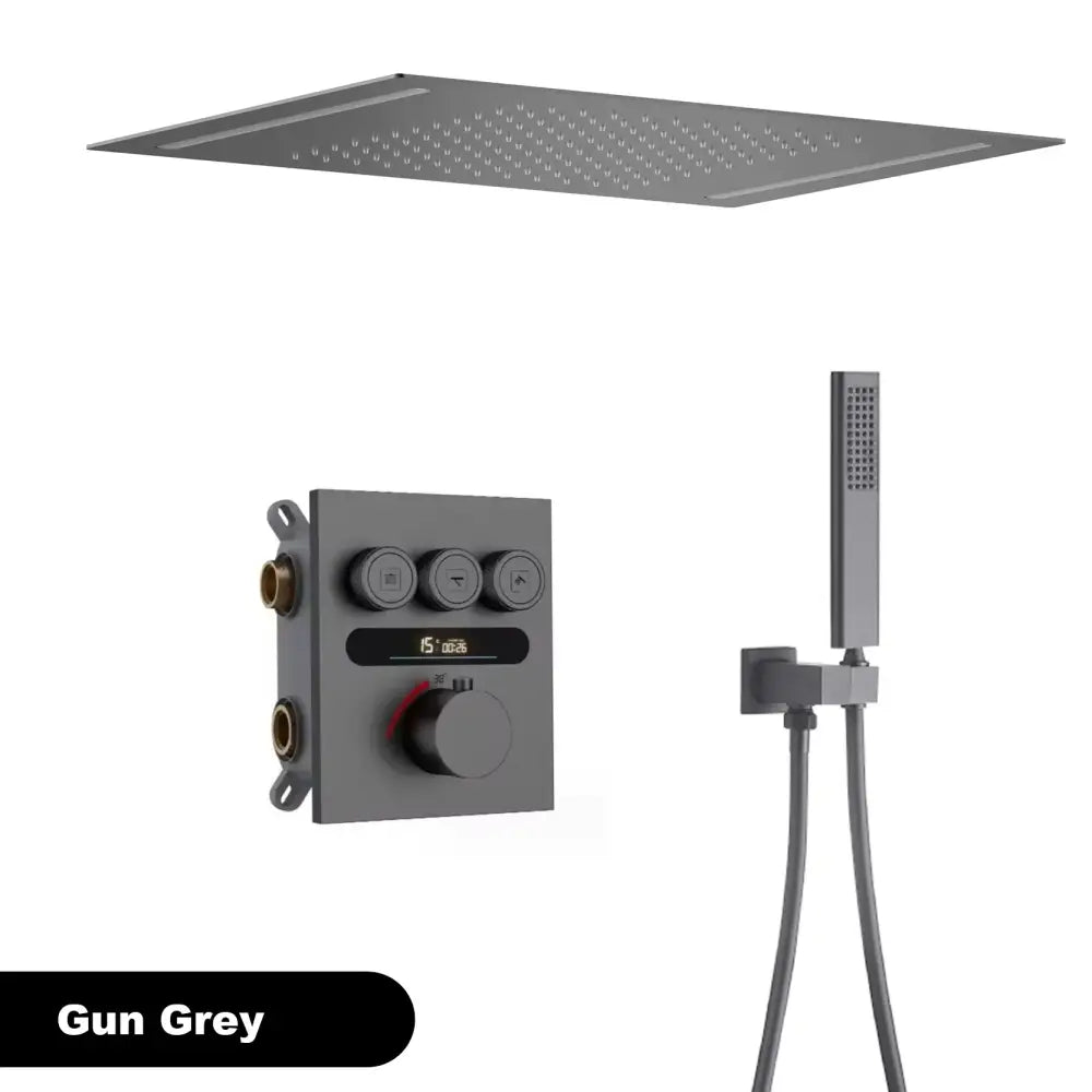 Gun grey square rain shower head with integrated handheld shower and matching wall-mounted control panel for luxury brushed gold bathroom set