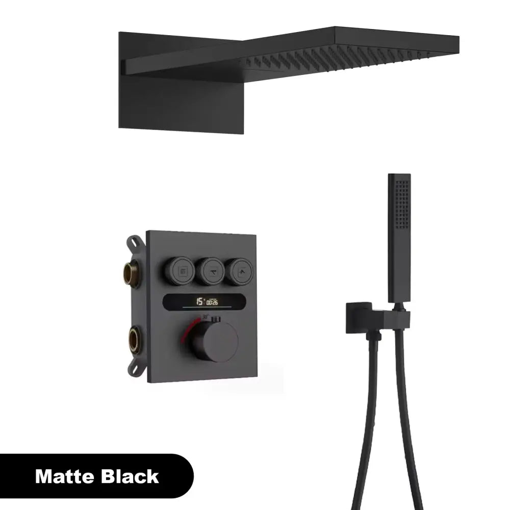 Luxury matte black modern shower system with rectangular rainhead handheld spray and digital temperature control panel