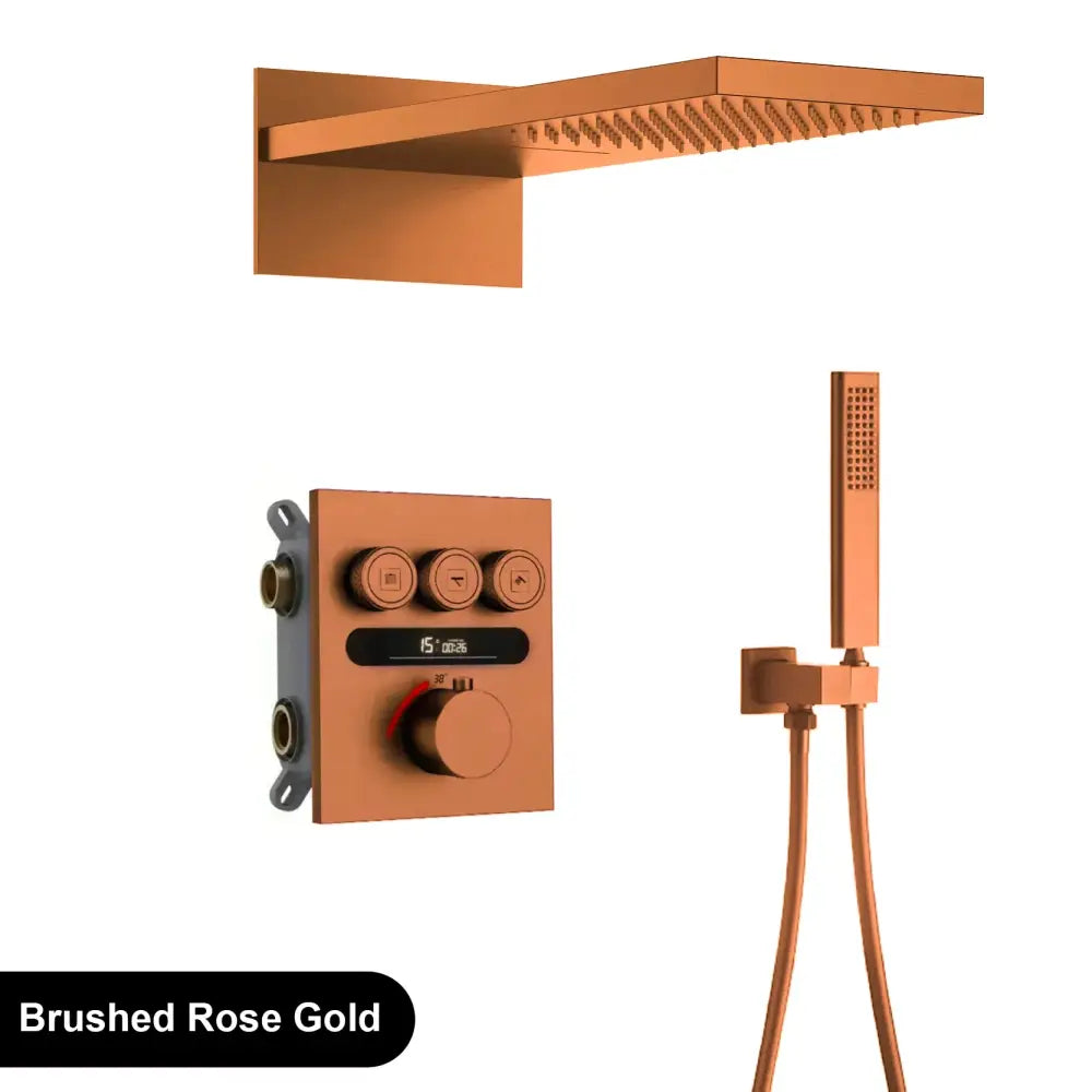 Luxury brushed gold digital rainfall shower system featuring a brushed rose gold rectangular rainhead and handheld spray