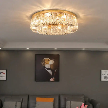 Luxury chrome decorbites crystal led ceiling lights featuring clear faceted crystals on a gold-toned frame for living room decor
