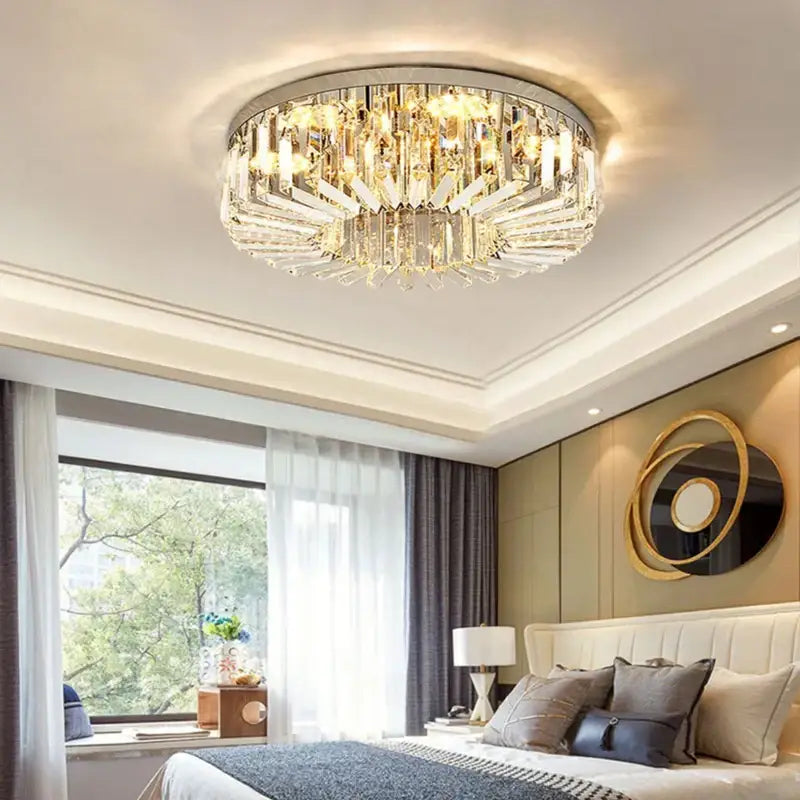 Luxury chrome crystal led ceiling lights with polished chrome frame and cascading glass prisms for living room decorbites crystal led