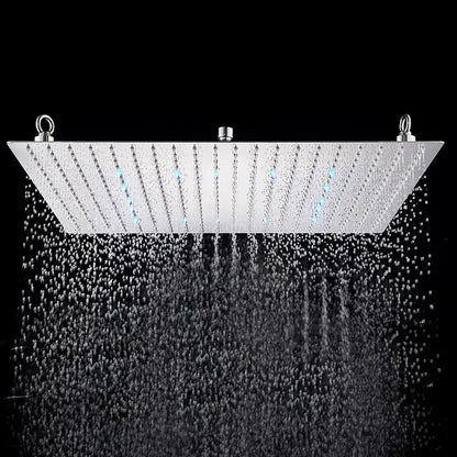Luxury chrome square shower head in brushed stainless steel with multiple nozzles and integrated blue led lighting