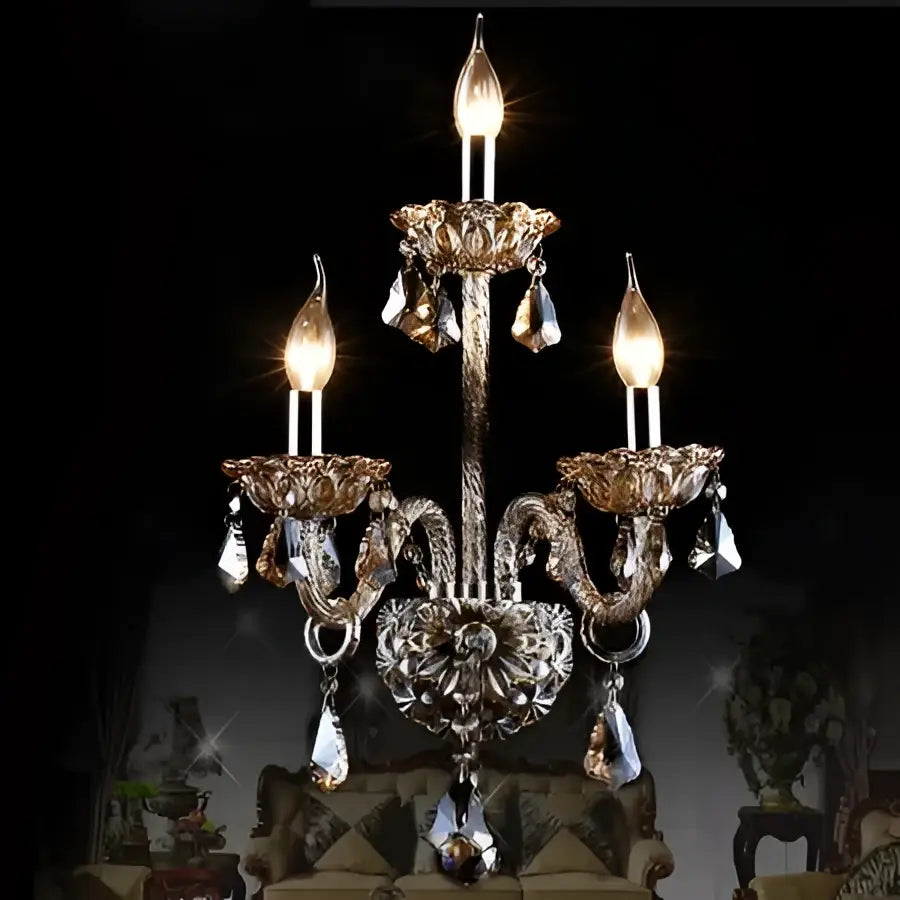 Ornate multi-armed clear crystal wall lamp with metallic finish and crystal droplets for luxury bedroom decorbites clear crystal decor