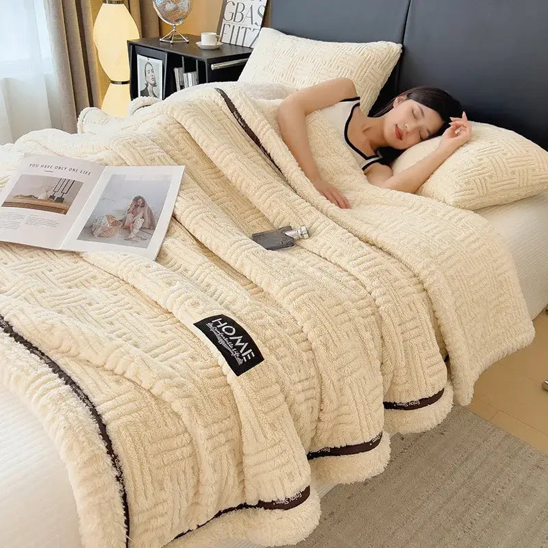 Luxury coral fleece cream-colored textured fleece blanket with dark brown trim ideal for winter bedroom use