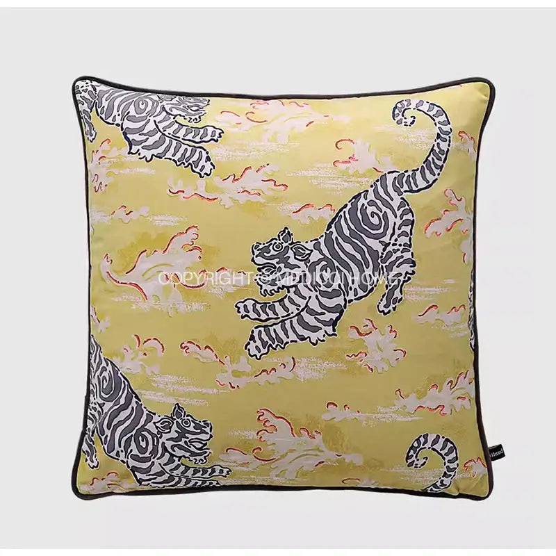 Yellow lynx velvet cushion cover featuring bold black and white striped tigers on textured background for coral lynx decorbites