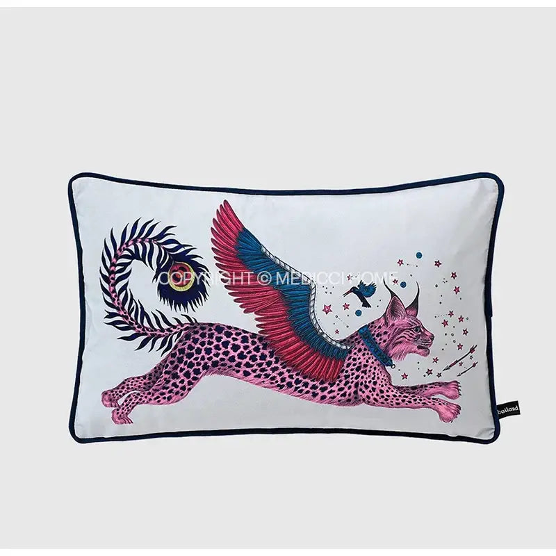 White rectangular luxury coral lynx velvet cushion cover with embroidered pink winged lynx for living room decorbites coral lynx
