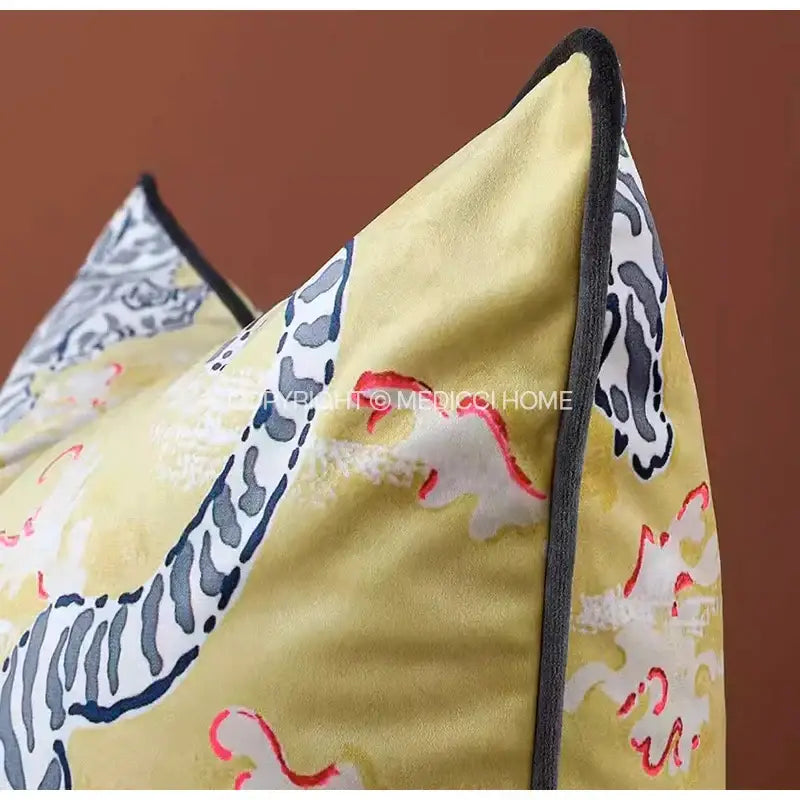 Luxury coral lynx velvet cushion cover with yellow satin fabric and bold dragon pattern for pink and teal decorbites decor