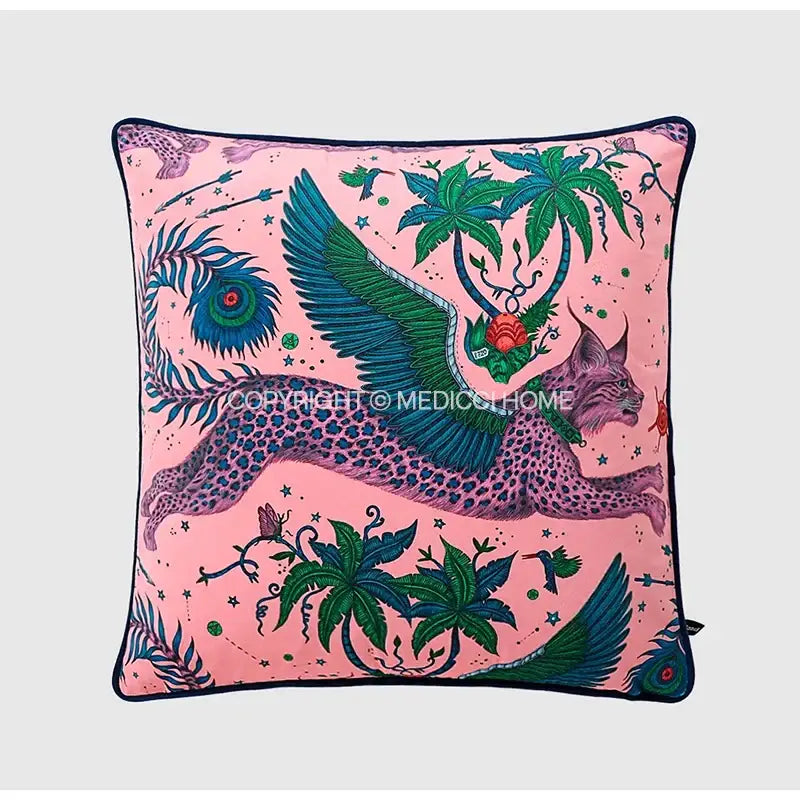 Luxury coral lynx velvet cushion cover in pink featuring a vibrant winged lynx design for living room decorbites coral lynx