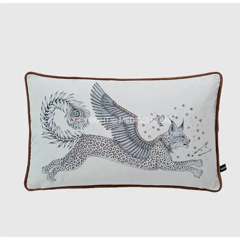 Luxury coral lynx velvet cushion cover featuring a black and white winged lynx illustration with brown border for decorbites coral lynx