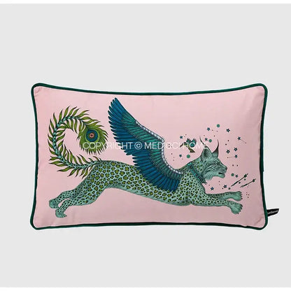 Luxury coral lynx velvet cushion cover in pink with green teal winged lynx and peacock feather for living room decorbites coral lynx