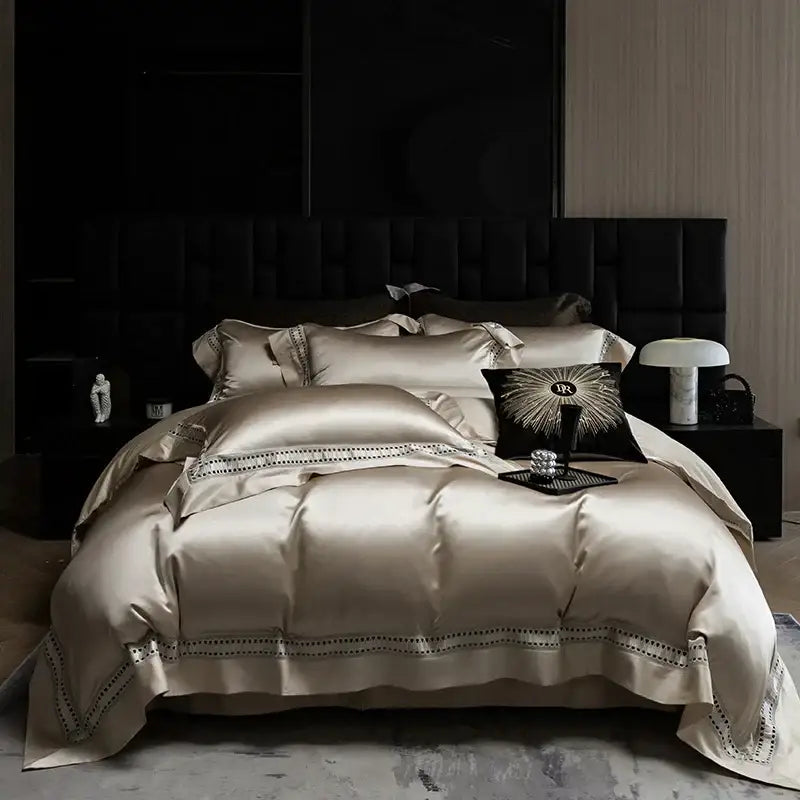 Luxurious champagne-colored satin bedding set with elegant black embroidered trim and decorbites 1000tc egyptian cotton