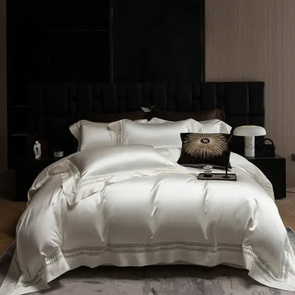 Elegant ivory satin bedding set with black beaded trim and pillowcases in luxury cream 1000tc Egyptian cotton