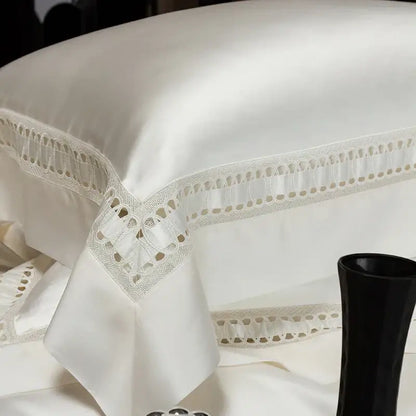 Luxury cream 1000tc egyptian cotton bedding set featuring a white satin pillowcase with delicate lace trim decorbites 1000tc egyptian