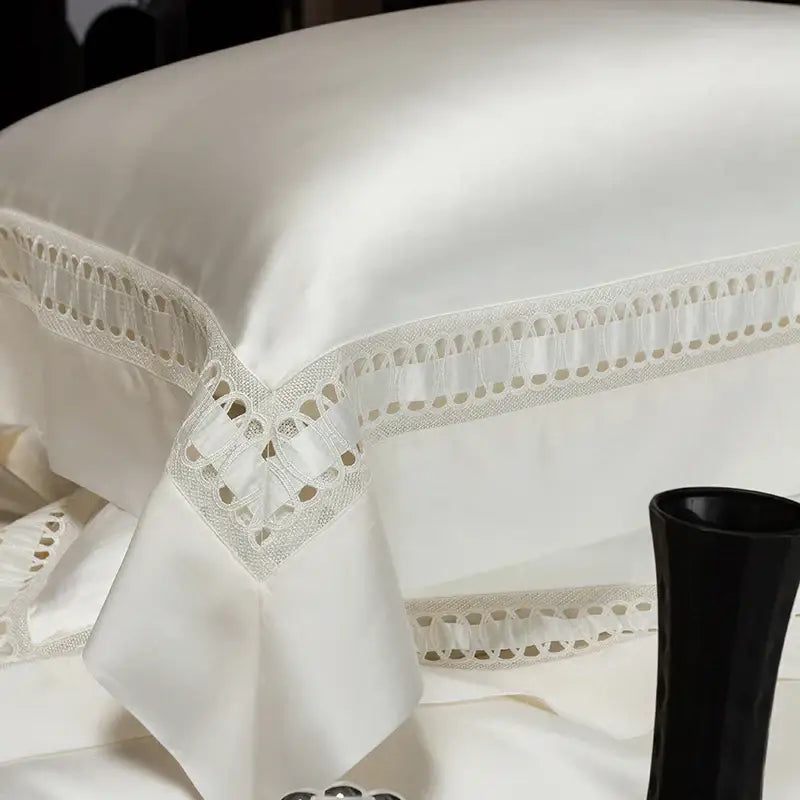 Luxury cream 1000tc egyptian cotton bedding set featuring a white satin pillowcase with delicate lace trim decorbites 1000tc egyptian