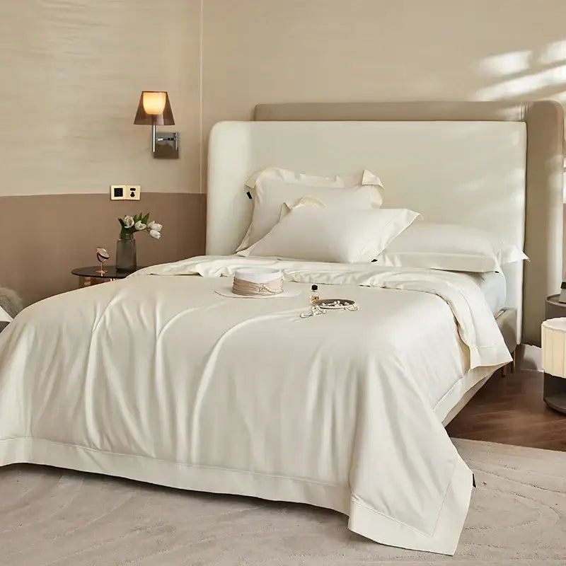 Luxury cream 1400tc pima cotton bedding set with smooth satin texture and elegant piping for refined decorbites 1400tc pima look