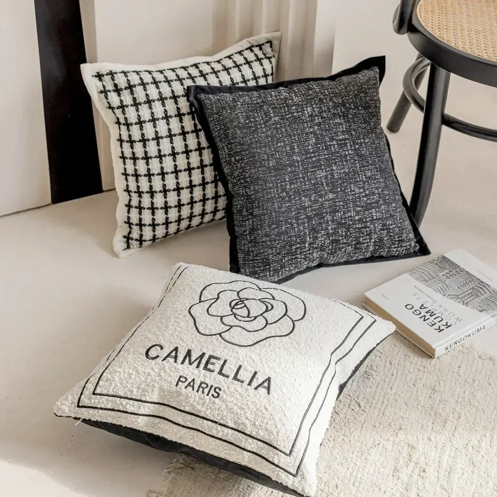 Luxury cream and black decorbites camellia jacquard pillow cover with embroidered rose for living room decor