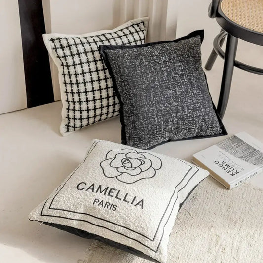 Luxury cream and black decorbites camellia jacquard pillow cover with embroidered rose for living room decor
