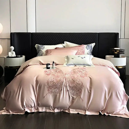 Luxurious blush pink satin duvet cover with intricate butterfly flowers embroidery in decorbites bedding set