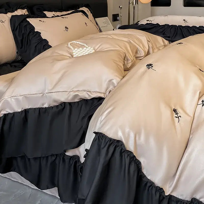 Luxury cream satin duvet cover set with black ruffled trim and rose embroidery ice silk bedding sets decorbites ice silk
