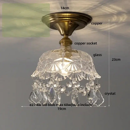 Antique brass ceiling lamp with faceted glass shade and crystal teardrops for decorbites glass grid living room decor