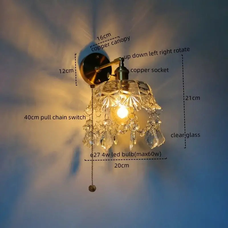 Luxury crystal copper led wall sconce with ornate clear glass shade and dangling crystal droplets for bedroom lighting