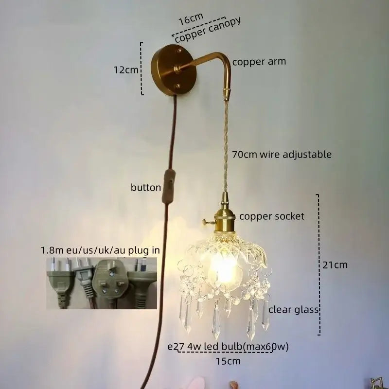 Luxury crystal copper led wall sconce featuring a vintage-style copper led wall design with clear glass and crystal droplets