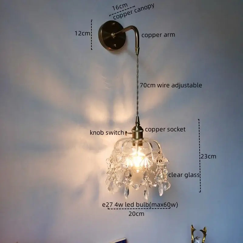 Luxury crystal copper led wall sconce with vintage copper finish and clear glass chandelier pendant for bedroom lighting