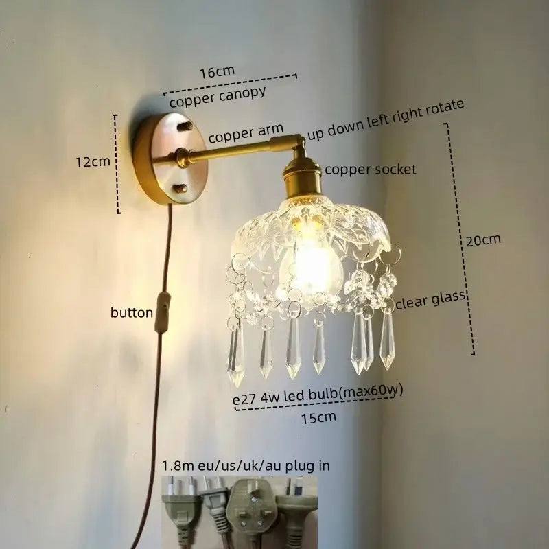 Luxury crystal copper led wall sconce with clear glass shade and dangling crystals for elegant bedroom lighting