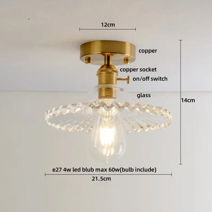 Vintage-style ceiling light with brass copper base and ornate scalloped decorbites crystal glass shade for luxury decor