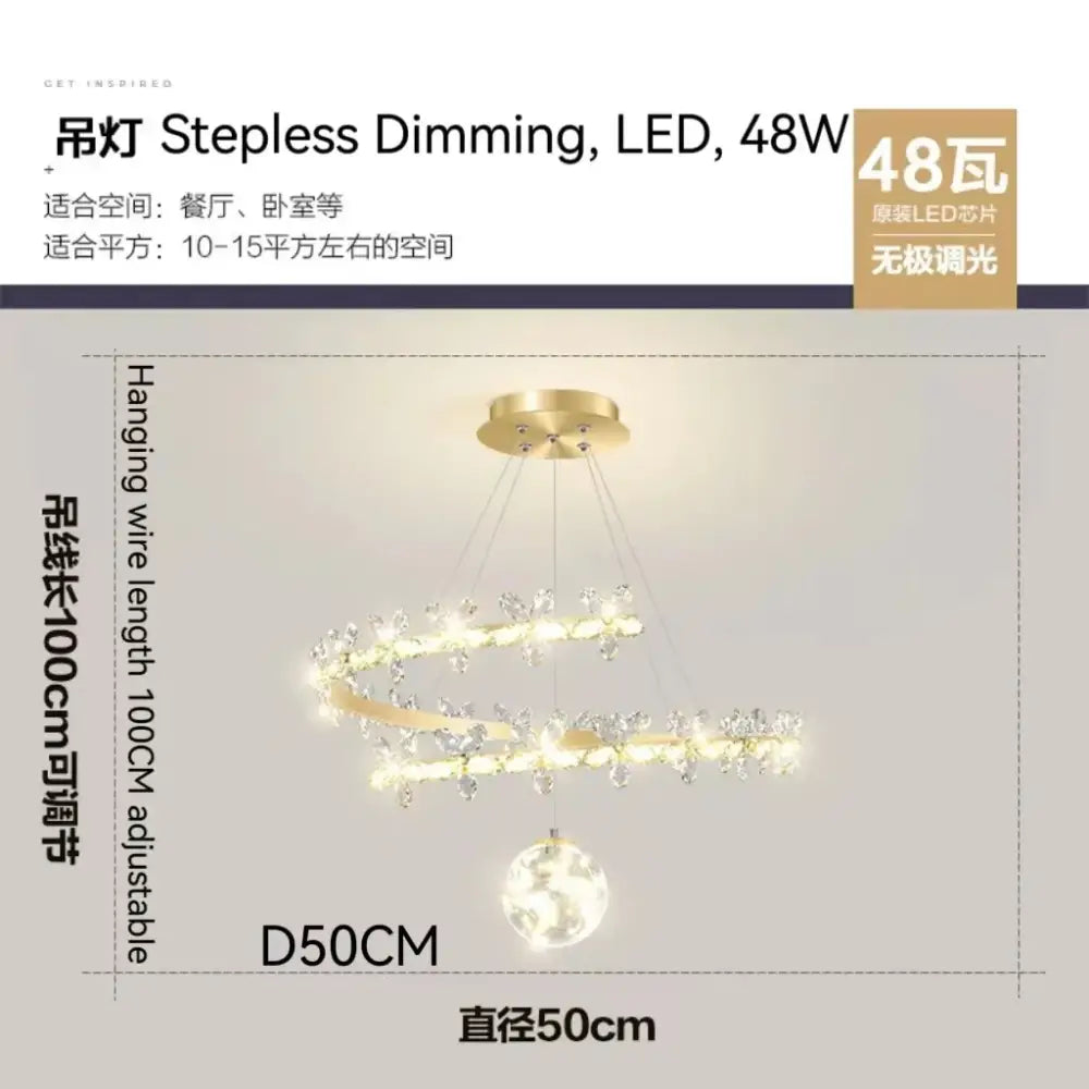 Luxury crystal gold ceiling chandelier with gold-toned spiral design, crystal accents, and stepless dimming led lighting