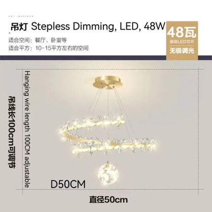 Luxury crystal gold ceiling chandelier with gold-toned spiral design, crystal accents, and stepless dimming led lighting