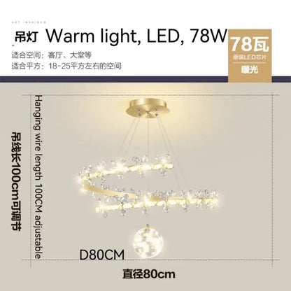 Luxury crystal gold ceiling chandelier with gold-toned spiral, crystal accents, spherical pendant, and warm led lighting