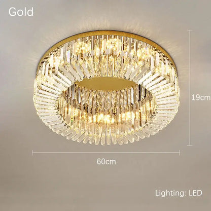Luxury decorbites crystal gold ceiling light with two concentric rings of clear crystal prisms and led lighting