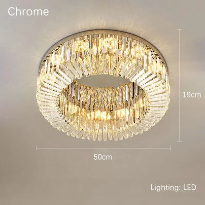Luxury crystal gold led ring ceiling light with chrome finish and two concentric clear crystal prisms for dining room decorbites crystal gold
