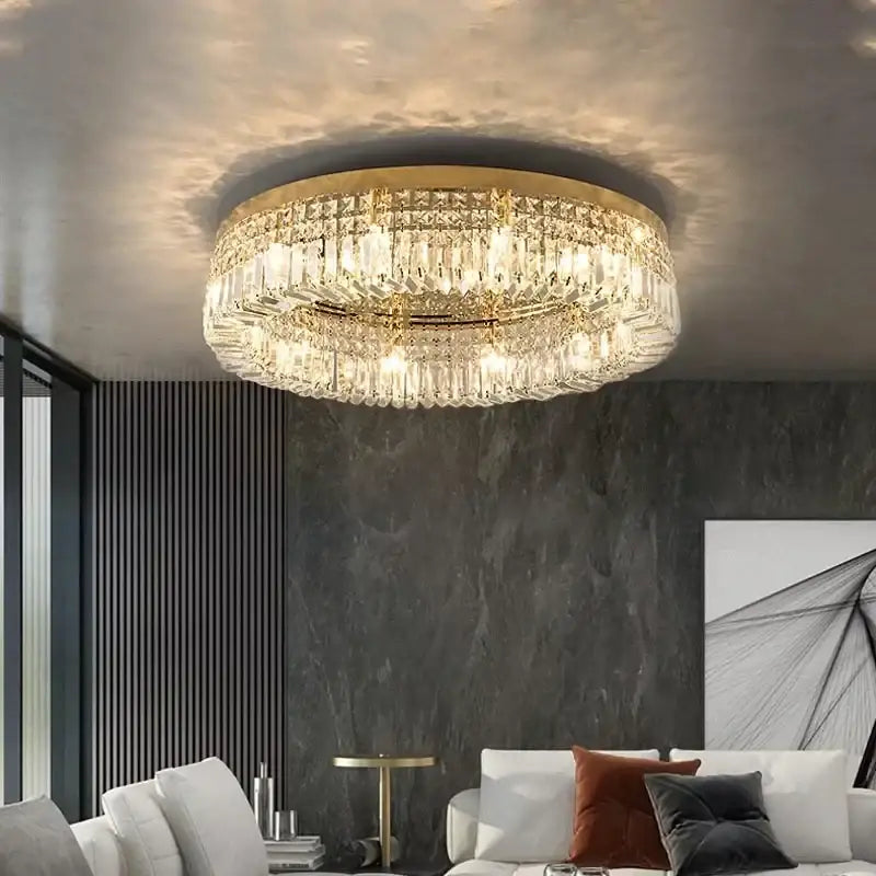 Luxury crystal gold led ring ceiling light features a gold-toned frame with clear faceted crystal prisms for elegant decorbites decor