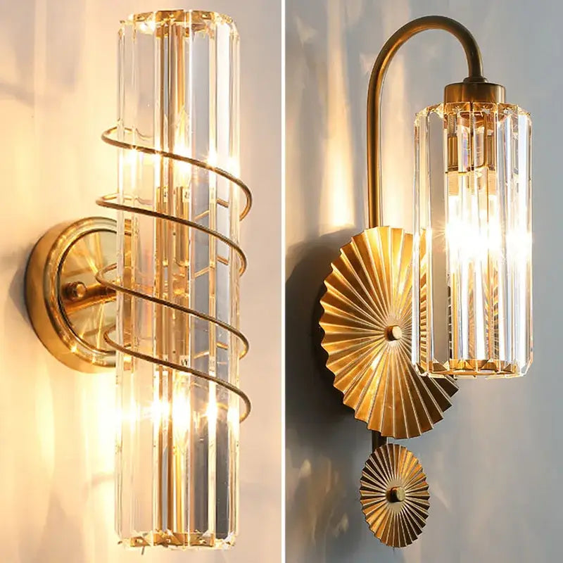 Luxury crystal gold wall lamp with gold-toned metal and clear vertically ribbed glass for living room decorbites crystal gold