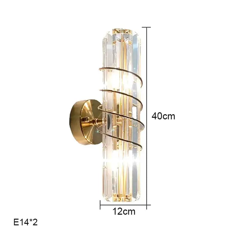 A luxury crystal gold wall lamp with a gold metal base and vertical crystal rods for living room and bedroom lighting