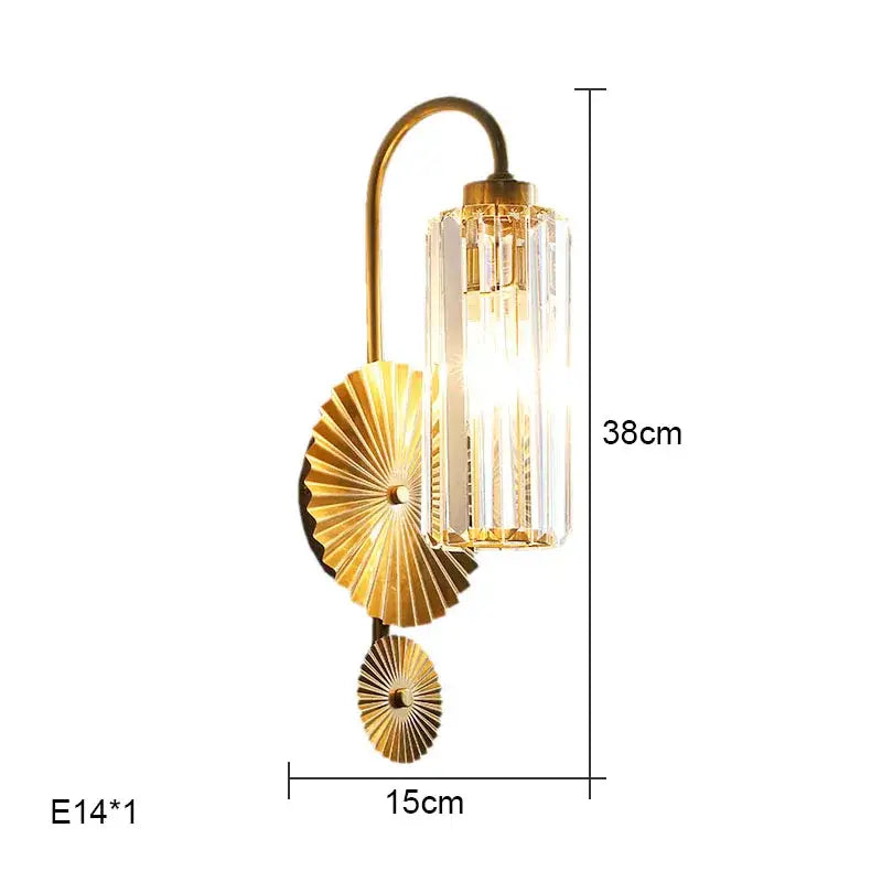 Luxury crystal gold wall lamp featuring a gold-toned curved arm and vertical crystal glass shade for elegant decorbites crystal gold lighting