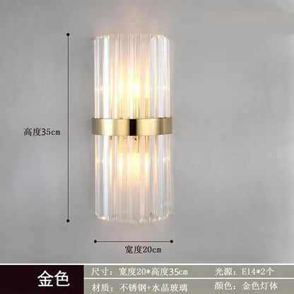 Gold-toned crystal golden wall lamp with vertical glass rods and polished brass band for luxury bedroom decorbites sconce
